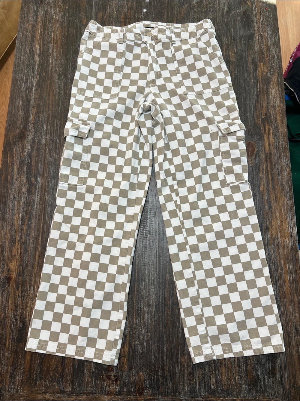 Checkerboard Straight Leg Cargo Pants in Beige and White